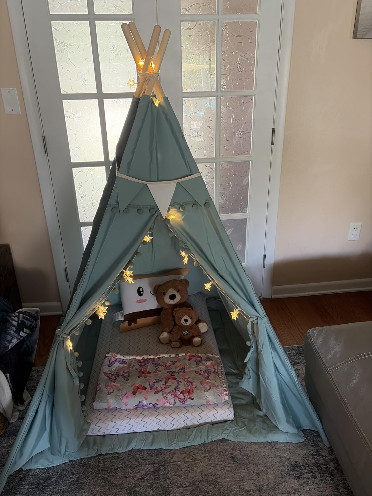 RONGFA Teepee Tent for Kids with Mat, Star Lights, Carry Case, Cotton Canvas Playhouse, Foldable Tents, Portable Children Play Tent Indoor Outdoor (Jewelry Blue) customer photo 1