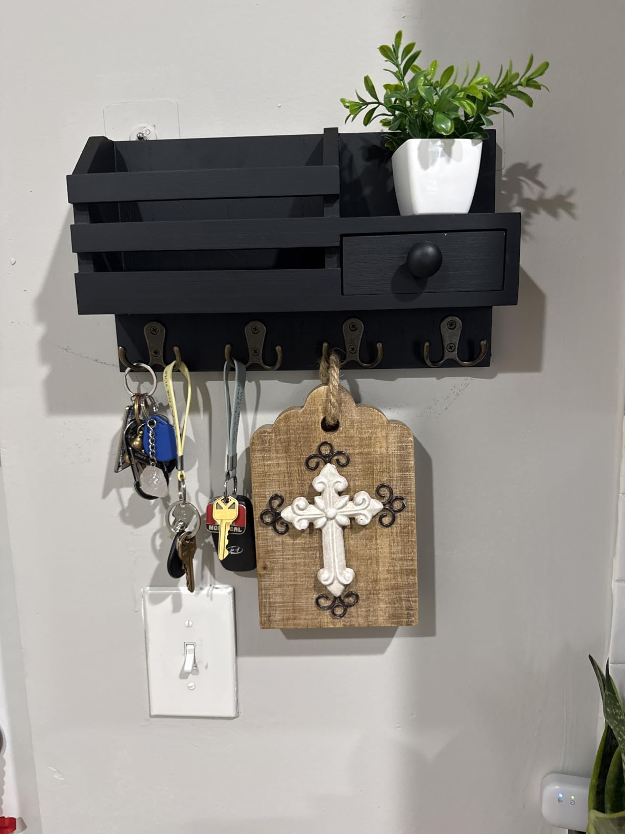 Key Holder Wall Mount, Wooden Key and Mail Organizer, Black customer photo 1