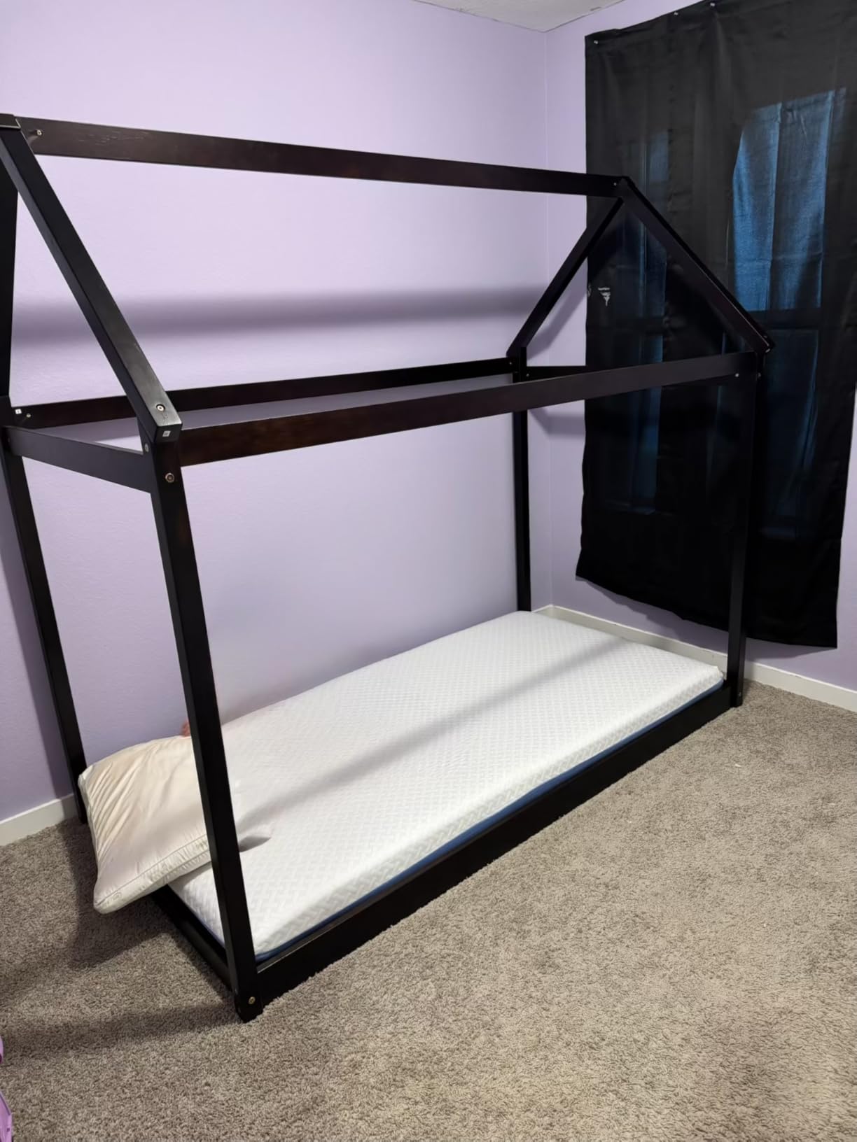 GIANTEX Twin House Bed, Wood Montessori Bed Frame with House Roof Canopy, Low Floor Bed with Sturdy Wood Slat Support, No Box Spring Needed, Twin Playhouse Bed for Kids Teens Boys Girls (Grey) customer photo 2