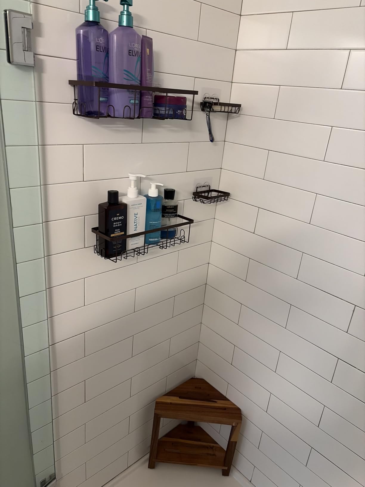 IBosins Corner Shower Stool 14in Small Bench Storage Shelf Natural Finish customer photo 2