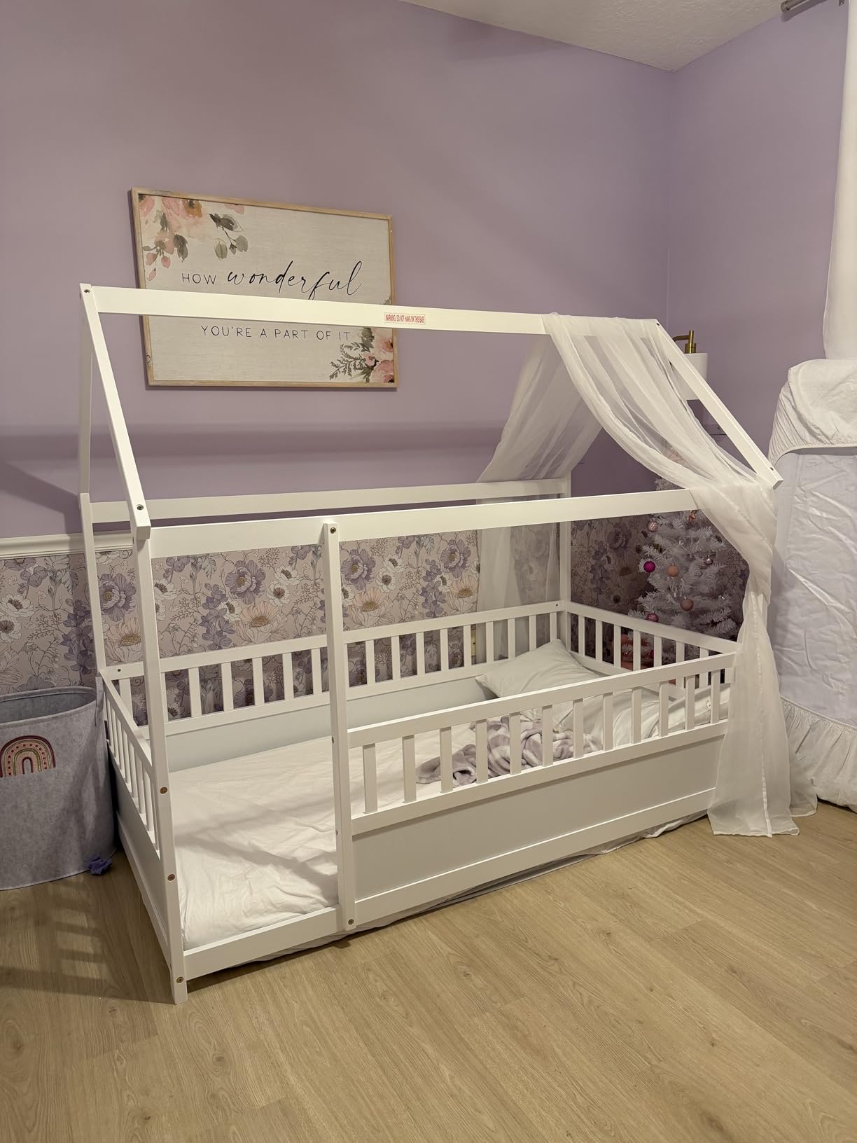 Kids Montessori Bed Twin Size, Twin Floor Bed with High Fence, House Beds for Kids, Girls, Boys, Wood Montessori Floor Beds Without Slats(White Twin) customer photo 2