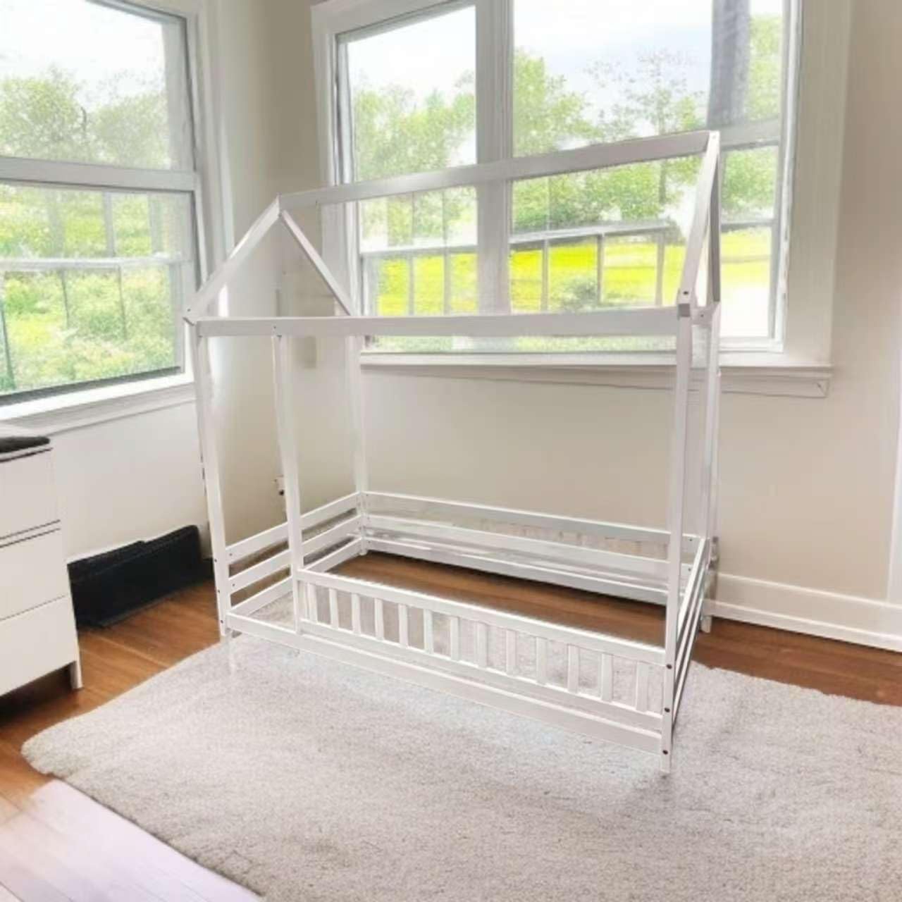 KOMFOTT Twin Size Floor House Bed, Wooden Montessori Bed with Roof & Full-Length Safety Guardrail, Floor Playhouse Bed Frame for Kids, Girls, Boys (Grey) customer photo 2