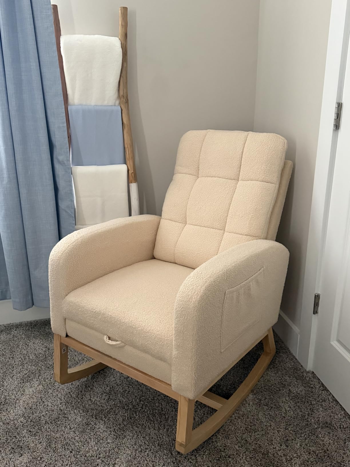 NIOIIKIT Modern Nursery Rocking Chair, Teddy Upholstered Rocking Chair with Footrest, Comfortable Rocker Glider with Side Pocket, Rocker Glider for Living Room, Bedroom, Nursing Room (Beige) customer photo 1