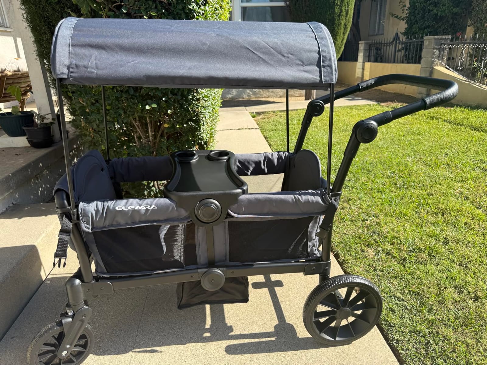 ELEMARA Foldable Wagon Stroller, Stroller Wagon for 2 Kids, Premium All Terrain Wagon for Kids with Removable Canopy, Adjustable Push/Pull Handle, Harnesses, Large Storage Bag, Black customer photo 1