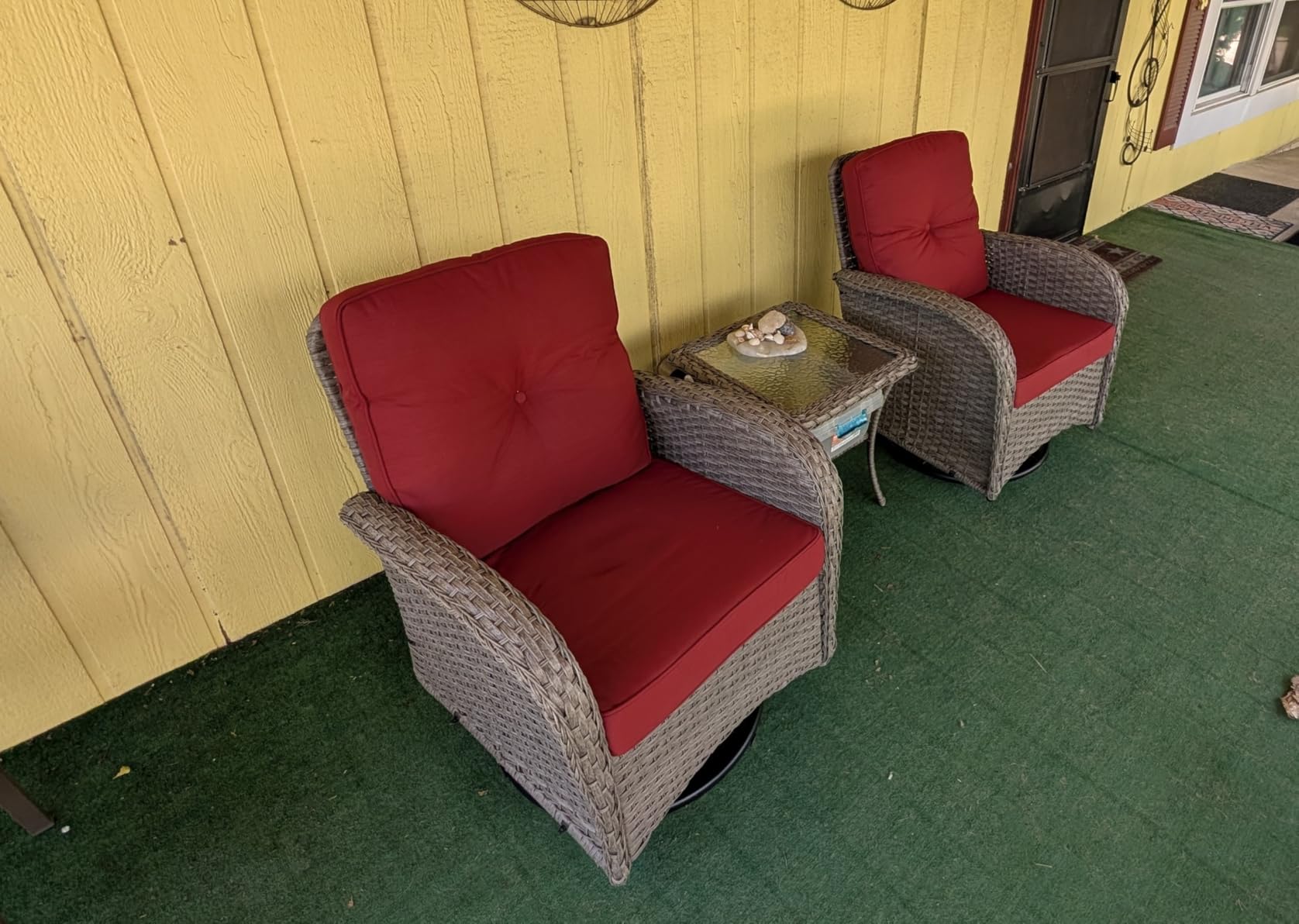 Belord Patio Furniture Swivel Glider PE Wicker Chairs, Outdoor Swivel Rocker Seating with Cushions for Porch Deck Balcony, Brown Wicker Blue Cushion customer photo 1