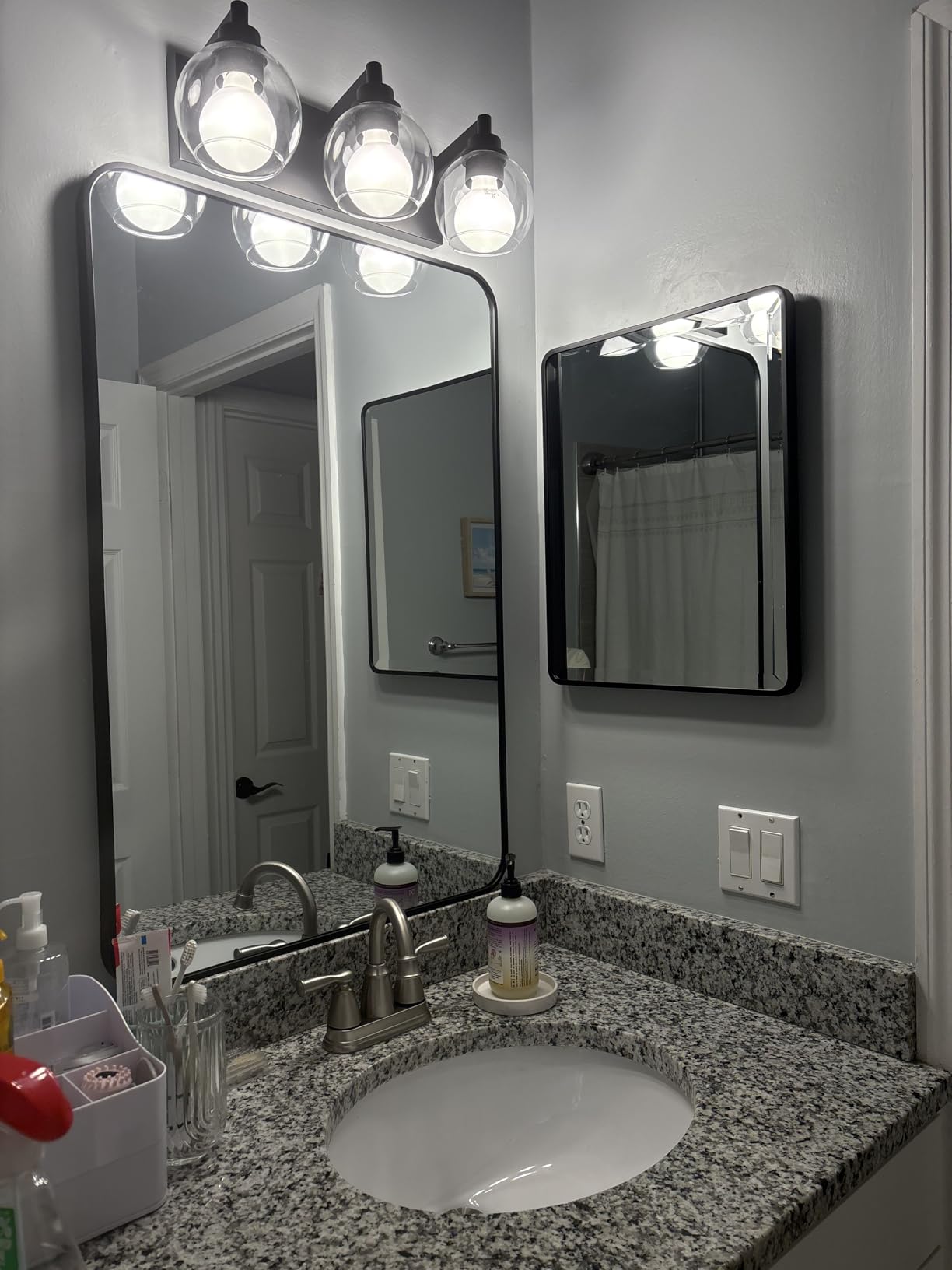 16x26 Austin Farmhouse Metal Framed Rounded Rectangle Recessed Bathroom Medicine Cabinet, Beveled Mirror, 14x24 in-Wall Opening, powder-coated Steel, Adjustable Glass Shelves, Magnet Close, Black customer photo 1