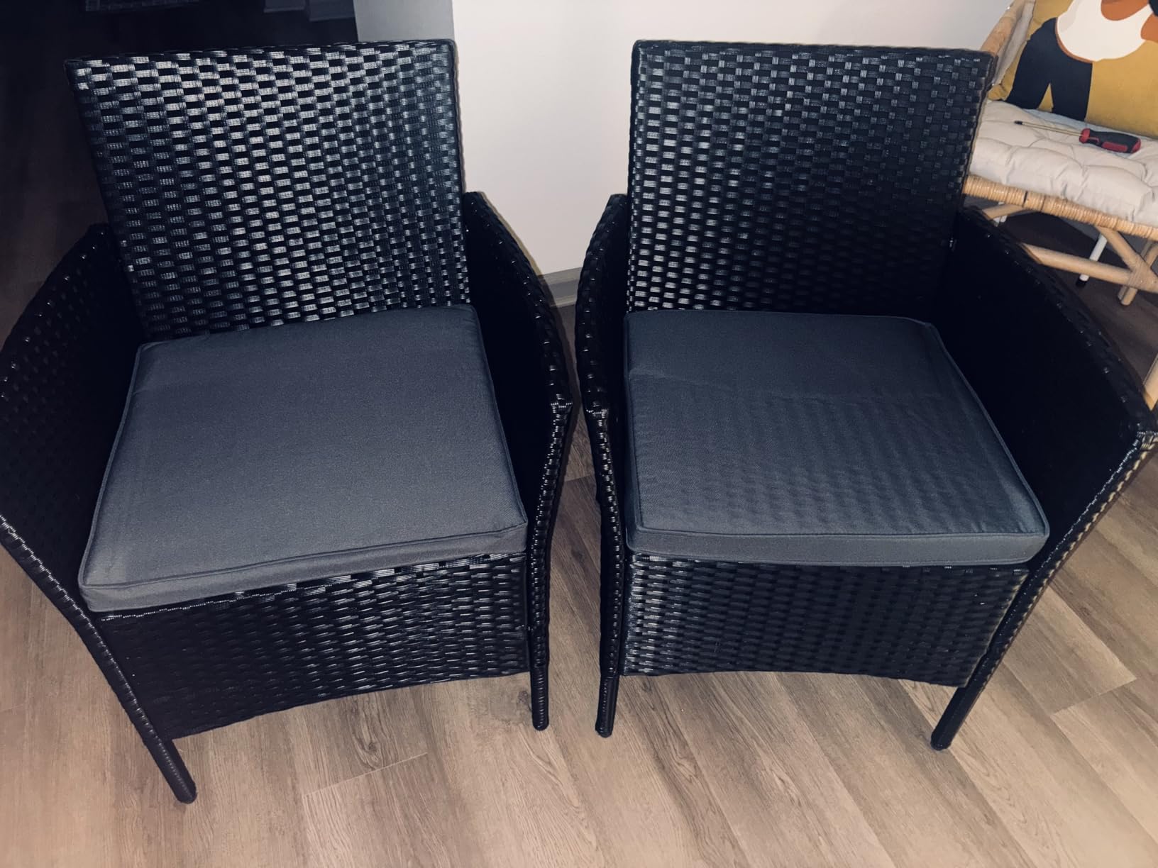 Yaheetech 3 Pieces Patio Conversation Set, Outdoor Rattan Bistro Furniture, 2 Chairs with Cushions & 1 Side Table for Bistro/Porch/Garden/Deck/Courtyard, Black/Khaki customer photo 2