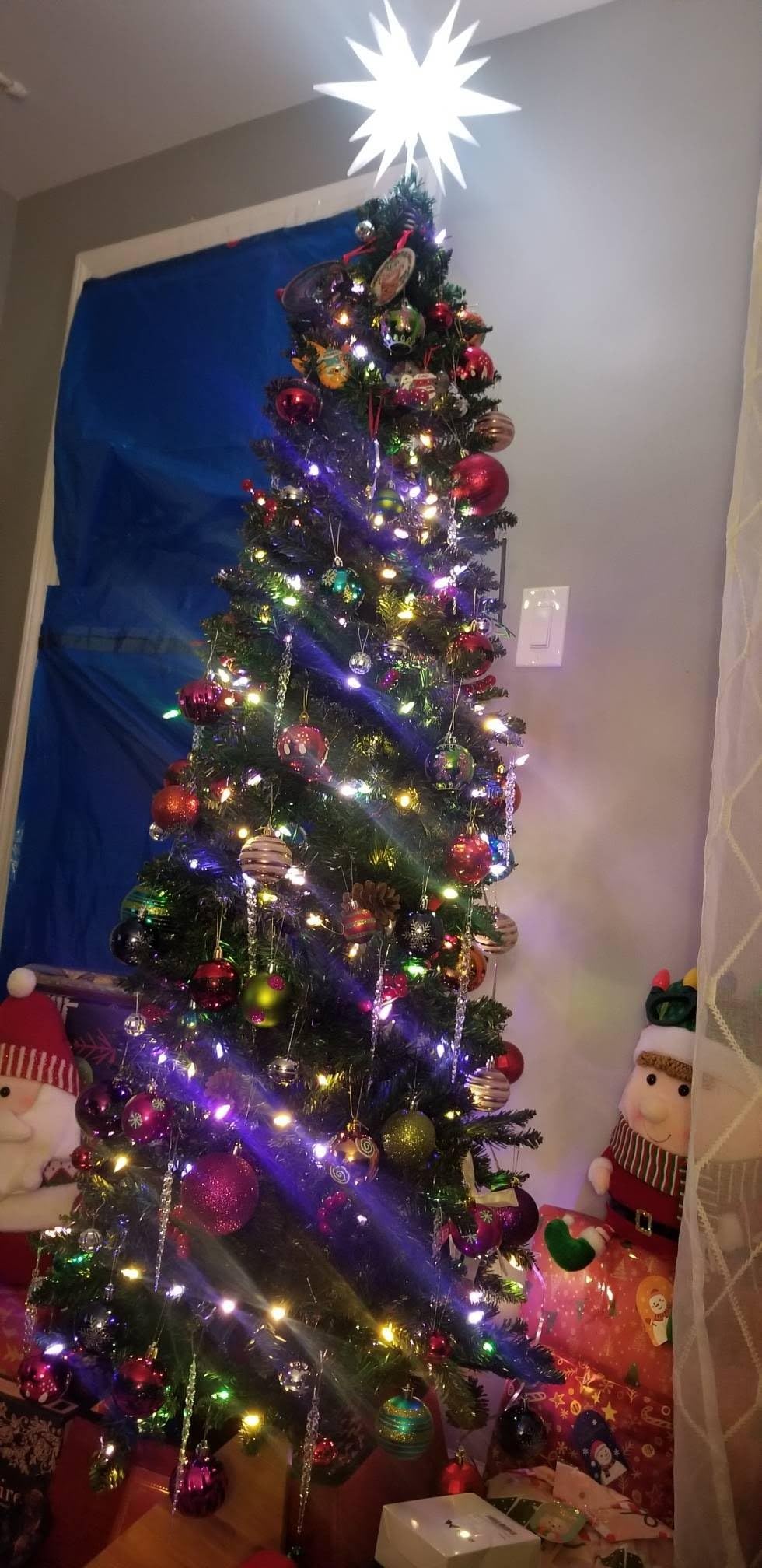 7.5 FT Pre-lit Snow Flocked Christmas Tree Spruce with Remote Control, 350 Warm White Multi-Color Changing LED Lights, Artificial Hinged/Feel Real/Realistic for Home, Dual Color LED customer photo 2