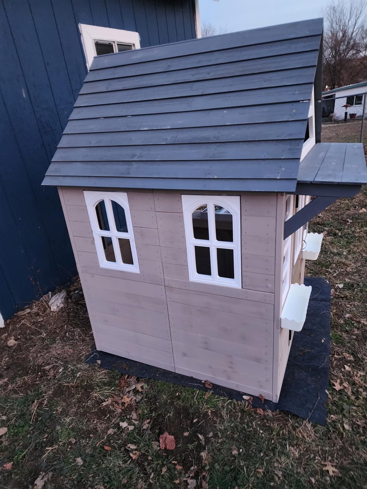 Kids Playhouse Outdoor,Cedar Gray Wooden Play House for Kids Ages 3-8,Interactive Doorbell, Kitchen Counter with Utensils, Sink, Window Boxes for Flowers (Blue) customer photo 1
