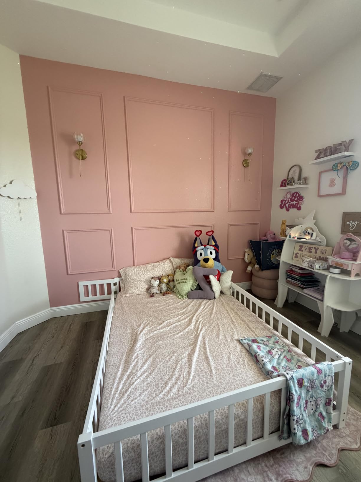 Full Size Montessori Floor Bed with Slats, Door and Guardrails, Natural customer photo 2