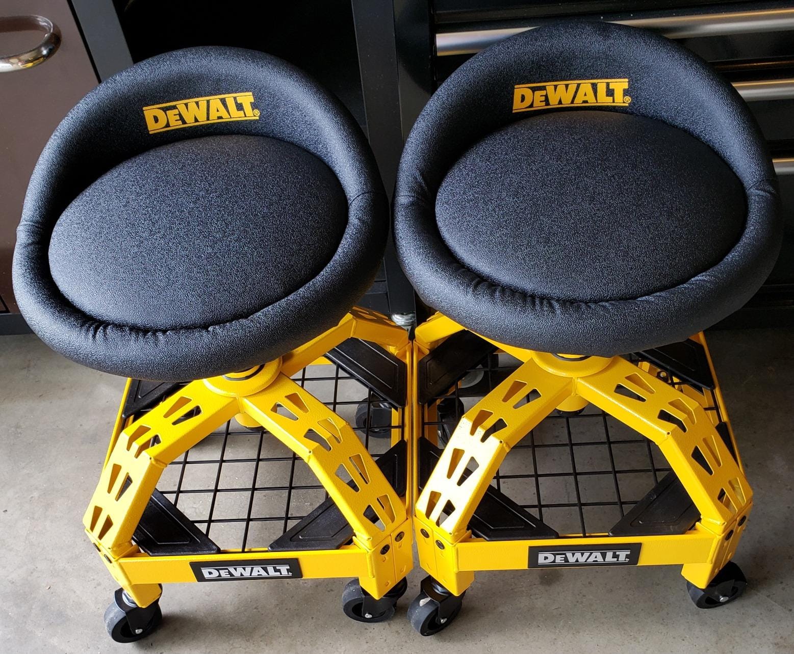 DEWALT Heavy Duty Adjustable Rolling Shop Stool, 360-degree Swivel Industrial Garage Stool with Padded Seat, Storage Shelf, Removable Wheels customer photo 1