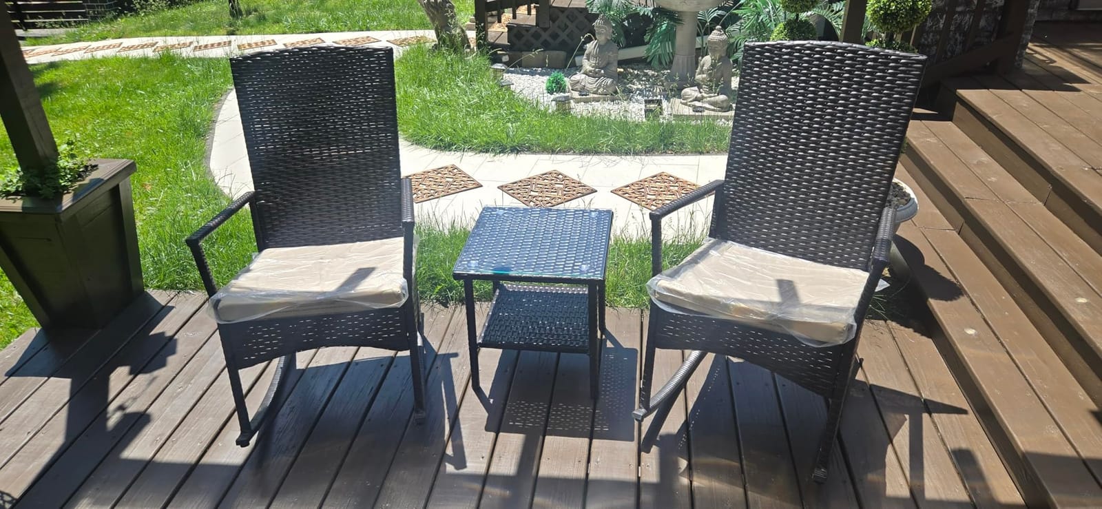 Outdoor HDPE Wicker Rocking Chair 3-Piece Patio Rattan Bistro Set 2 Rocker Armchair and Glass Coffee Side Table Furniture Washable Lacing Cushions, Khaki customer photo 2