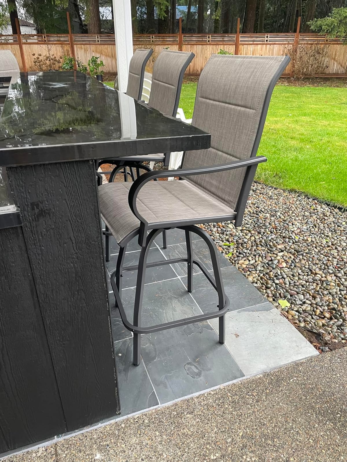 Vongrasig 2 Piece Outdoor Patio Swivel Bar Chairs, All Weather Padded Sling Textile High Top Bar Stools, Bistro Set for Backyard, Lawn Garden, Balcony, Gray customer photo 1