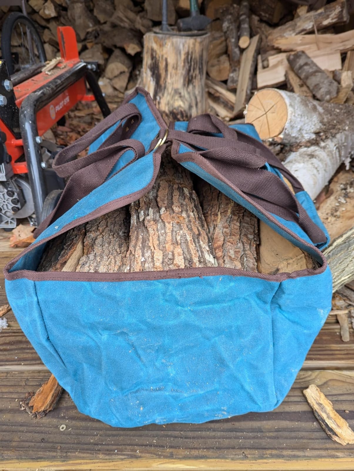Waxed Canvas Log Carrier Tote Bag, Extra Large Durable Firewood Holder with Handles and Shoulder Strap - DarkBlue customer photo 2