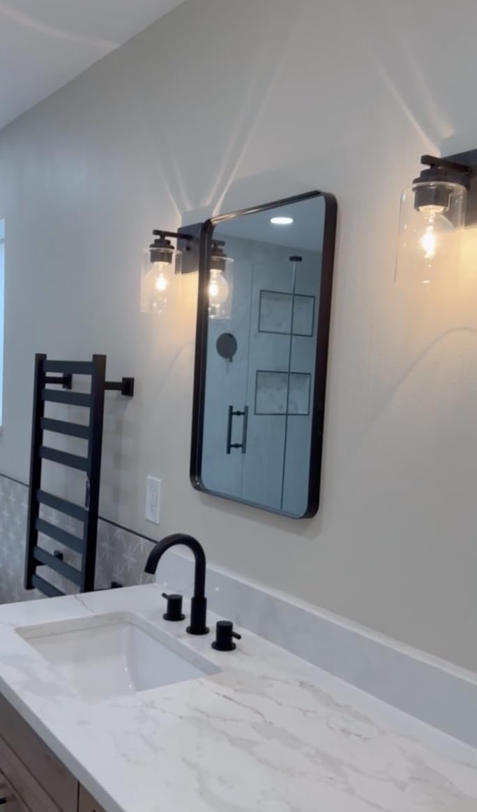 VocalStar Black Metal Framed Bathroom Mirror for Wall, 16 x 24 Inch Rounded Rectangle Matte Black Bathroom Vanity Mirror Farmhouse, 1/4-inch Shatterproof Glass | Ultra-Flush Hanging customer photo 2
