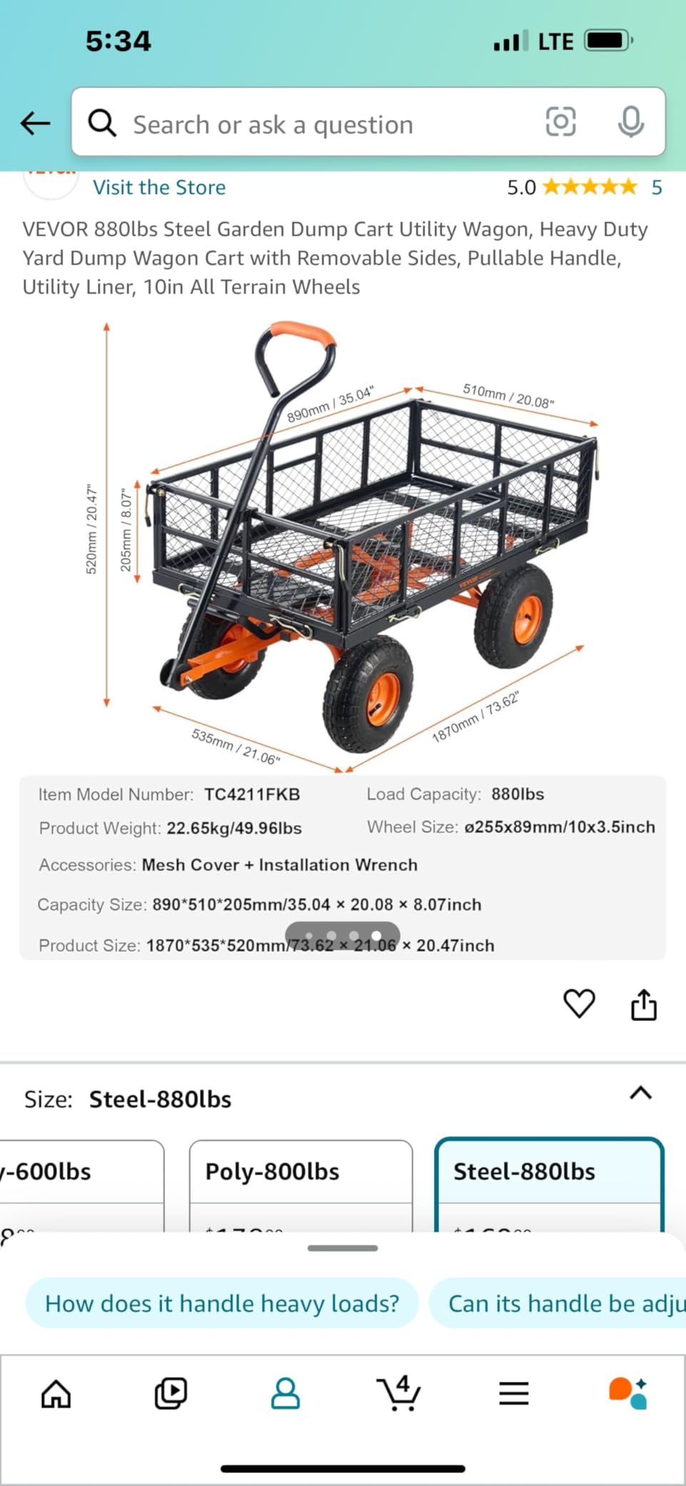 VEVOR 880lbs Steel Garden Dump Cart Utility Wagon, Heavy Duty Yard Dump Wagon Cart with Removable Sides, Pullable Handle, Utility Liner, 10in All Terrain Wheels customer photo 2
