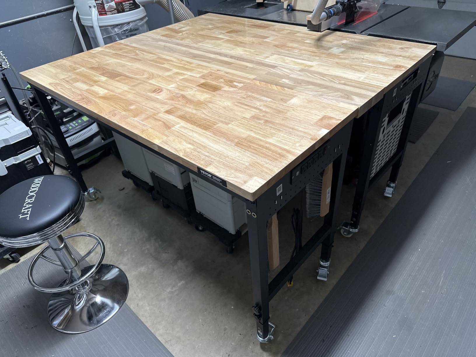 VEVOR Adjustable Workbench, 60 Inch Work Bench with Power Outlet, Wheels, and Pegboard, 2000 lbs Load Heavy Duty Oak Wood Top Work Table for Garage, Workshop, Office, and Home customer photo 2